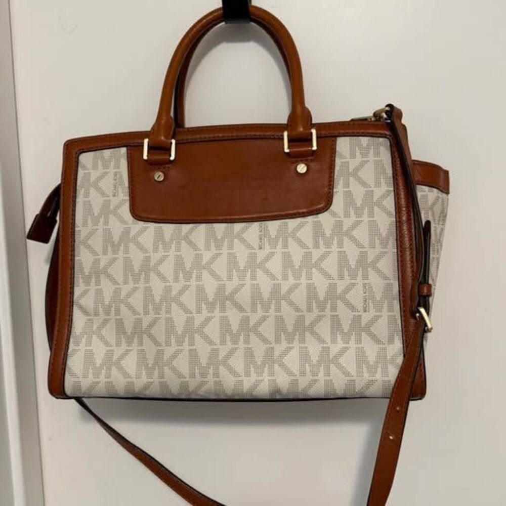 Michael Kors Signature Medium Satchel Crossbody Handbag - Off-White/Luggage Brow - Picture 9 of 10